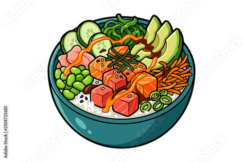 Healthy Salmon Poke Bowl with Avocado Cucumber and Edamame Cartoon Illustration