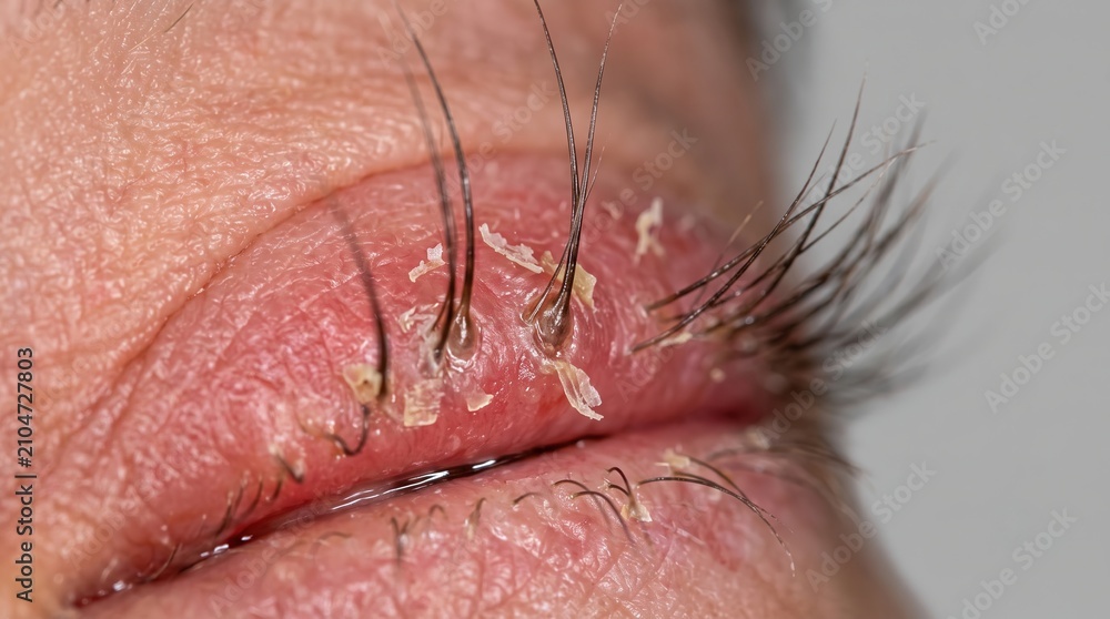 Fototapeta premium Macro view of human eye with blepharitis condition and dry skin flakes on eyelashes