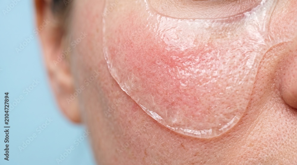 Fototapeta premium Close up of woman cheek with clear hydrogel patch applying on red irritated skin