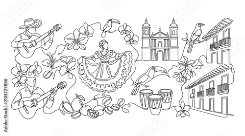 Colombian Culture Collage: Music, Dance, Architecture, Nature, and Coffee