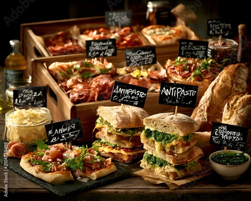 Delicious antipasti selection featuring sandwiches, pizzas, and cured meats on a rustic wooden table with chalk signs