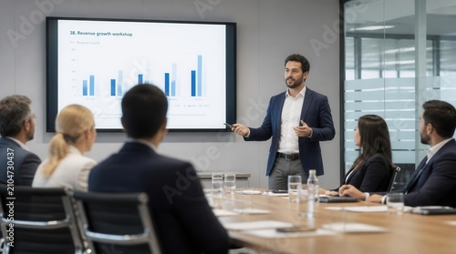 A skilled presenter confidently guides his professional team through important financial growth charts and strategic corporate analytics during an engaging boardroom meeting, fostering