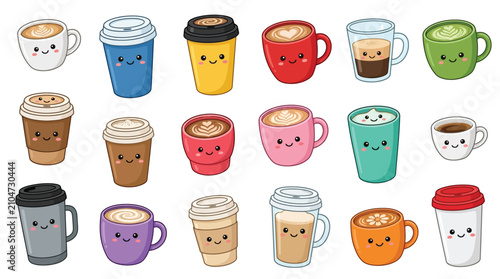 A charming collection of kawaii-style coffee cups and mugs, each with a unique cute face and vibrant colors, perfect for a cheerful beverage-themed design.