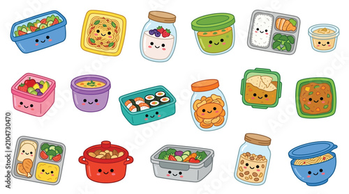 A charming collection of kawaii-style food containers and jars filled with various delicious meals and snacks, each with a cute, smiling face.
