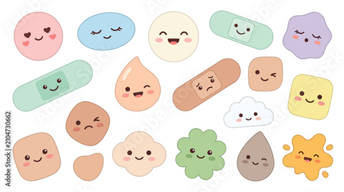 A collection of cute cartoon medical elements and abstract shapes with various facial expressions, in pastel colors.