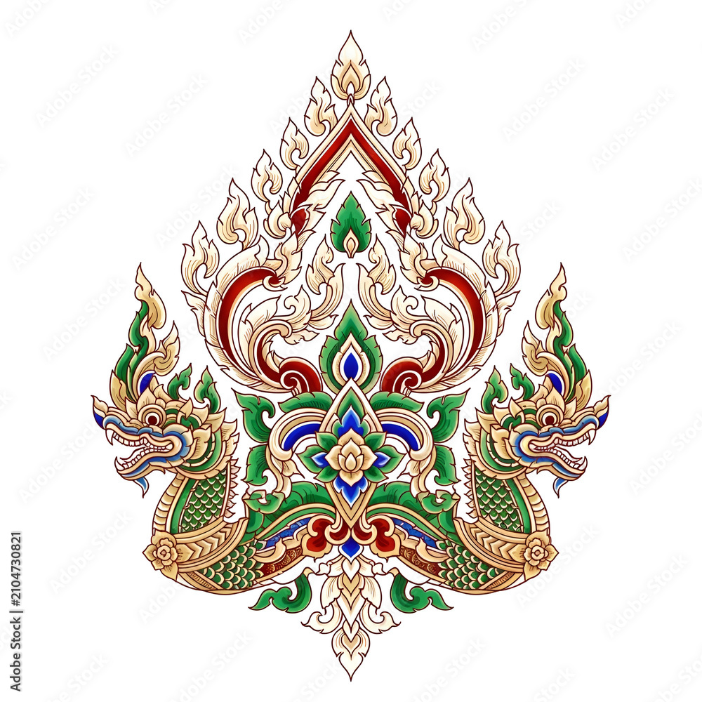 Naklejka premium Thai Naga Serpent Ornament Golden Green Red Isolated Transparent PNG