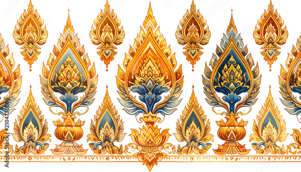 Obraz premium Thai Golden Ornate Temple Border Art with Blue Accents Isolated