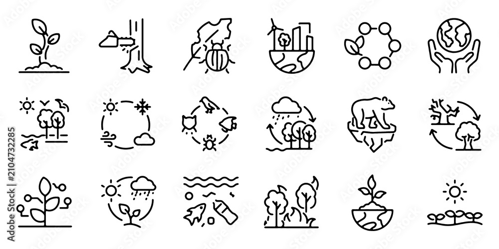 Fototapeta premium Ecosystem Icons Set. Ecology Outline Vector Collection with Editable Stroke Vector Illustration.