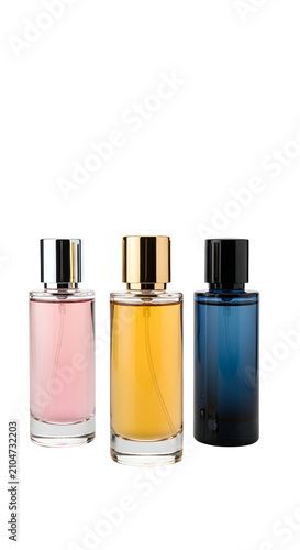 Three Elegant Perfume Bottles Pink Gold Blue Glass Isolated Clear Background