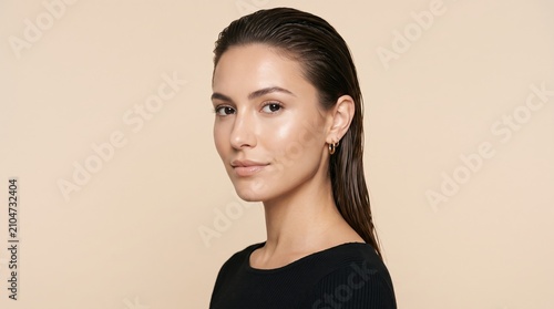 Close up portrait of a woman with wet hair look portrait brunette earrings lifestyle background wellbeing
