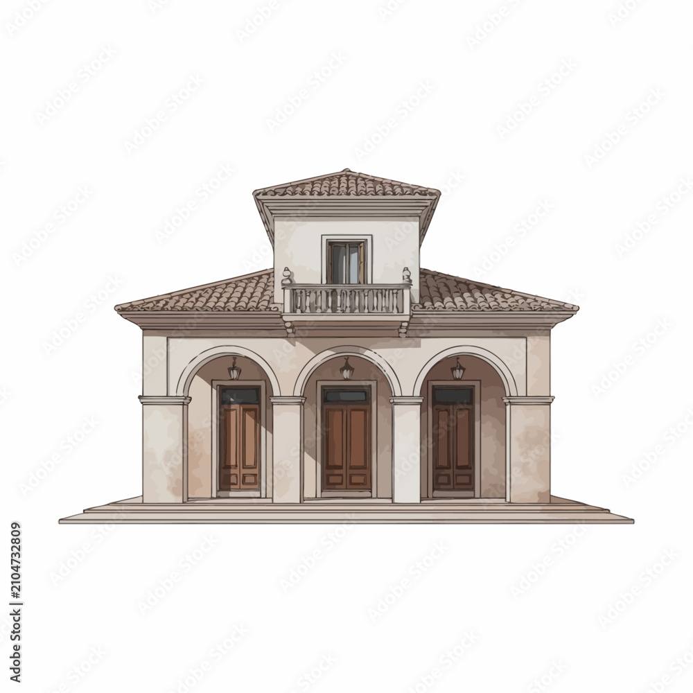 Fototapeta premium Small white house with brown doors.