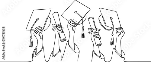 Bild auf Leinwand Continuous line drawing of graduates holding up caps and diplomas
