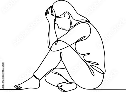 Fotografía Continuous one line drawing of a sad depressed woman sitting on the floor