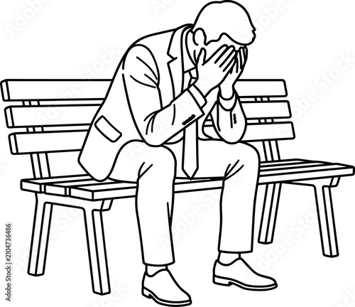 Slika na platnu A stressed businessman sitting on a bench with head in hands.