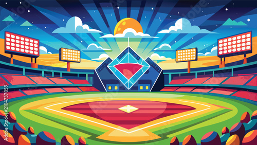 Bild auf Leinwand Illustrated baseball stadium field at sunset with baseball ballpark illustration