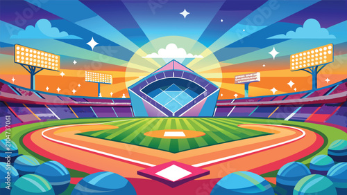 Fotografía Colorful digital illustration of baseball stadium at dusk with baseball ballpark