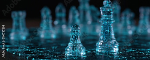 Chess game with transparent glass king and pawn pieces on a strategy board setup