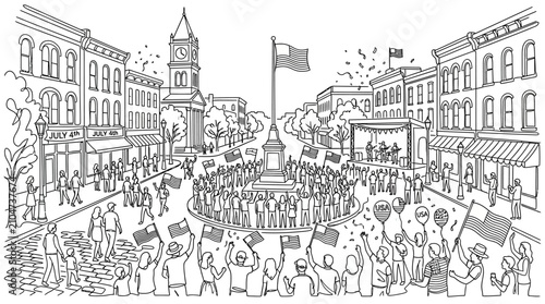 Community Celebration in Town Square with American Flags and Live Music