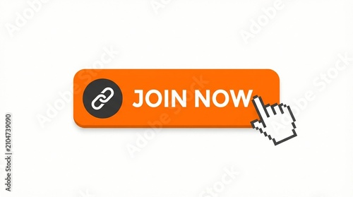 Obraz na plátně Bright orange button displaying the text join now with a linked chain icon being