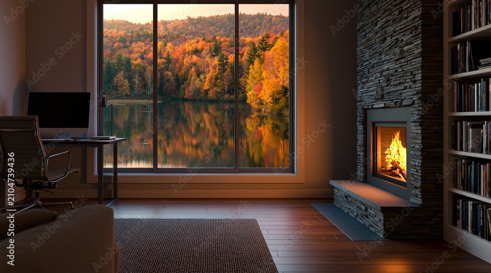 Obraz premium Cozy home office interior with a stone fireplace and autumn lake view from window