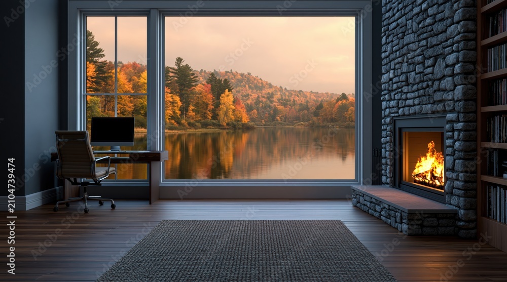 Obraz premium Office home workspace with cozy fireplace and window view of a lake at sunset