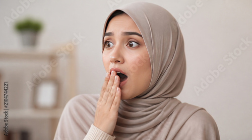 Surprised woman with hijab expressing shock and amazement in neutral indoor setting, conveying sense of wonder and curiosity