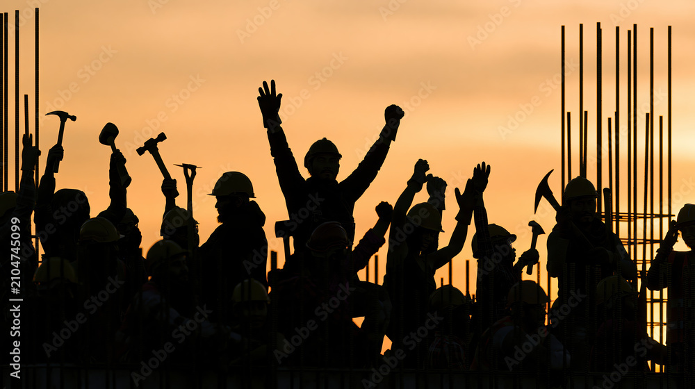 Fototapeta premium Construction worker group celebration sunset silhouette