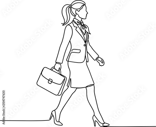 Continuous one line drawing of a businesswoman walking with a briefcase.