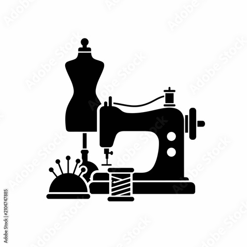 Bild auf Leinwand Vintage sewing machine and dress form silhouette illustration.