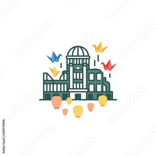 Cuadro en lienzo Peace memorial dome illustration with colorful origami cranes and floating paper