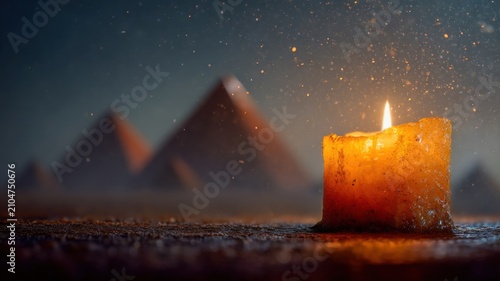 Short Pillar Candle Burning Near Pyramids Beneath The Stars