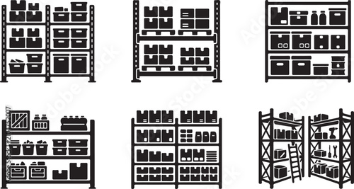 Six black and white storage shelves with organized items Vector