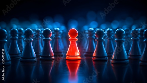 One bright glowing red pawn chess piece standing out from a crowd of dark blue pawns