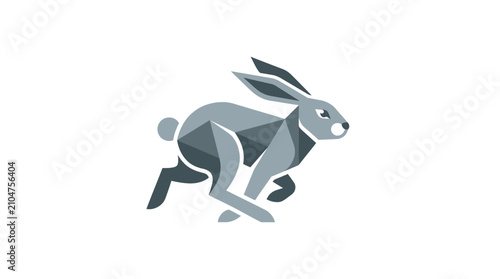 A stylized geometric illustration of a running rabbit on a white background