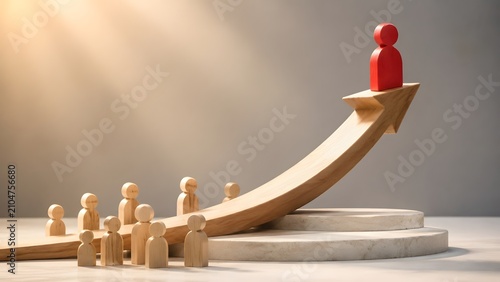 Red wooden human figure standing on an upward arrow leading a group of figures career growth and leadership strategy