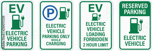 Electric Vehicle Parking Sign Set with EV Charging Station Vector Safety Labels