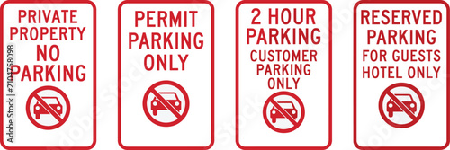Parking Restriction Sign Collection with No Parking Permit Customer and Reserved Parking Vector Set