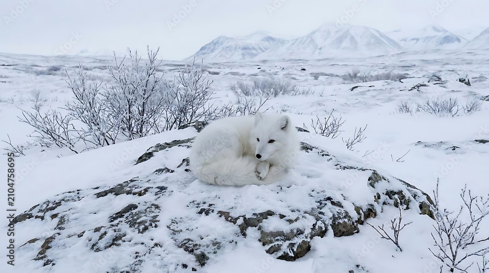 Fototapeta premium Arctic fox curled up on snowy tundra rocks.
