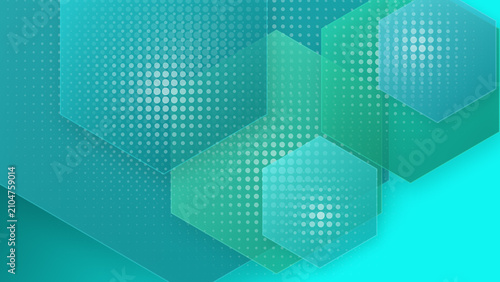 Procedural art of abstract geometric background with blue and green halftone hexagons