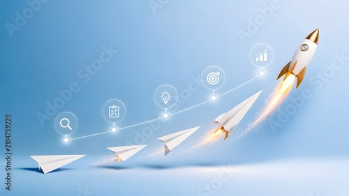 Paper Airplanes Transforming into a Powerful Rocket Ship Launching Upward on a Blue Background Symbolizing Business Evolution and Startup Growth