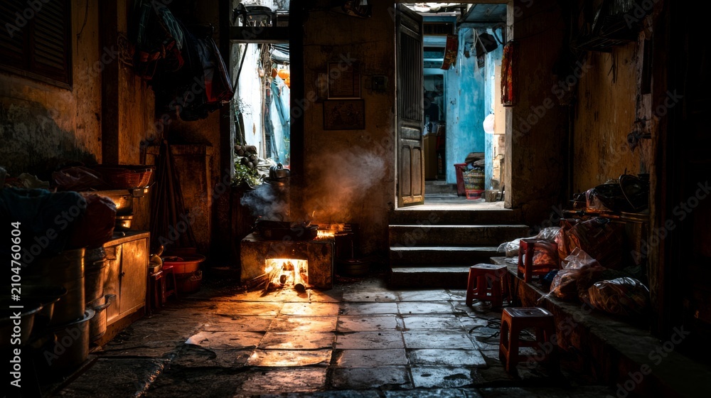 Fototapeta premium Dimly Lit Room with Open Door and Smoke Rising from Fire, Capturing the Essence of Rustic Living Spaces and Urban Atmosphere in Vintage Decor
