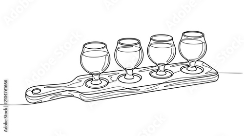 Beer Tasting Flight: Four Glasses on Wooden Paddle Board, Hand Drawn Sketch Style