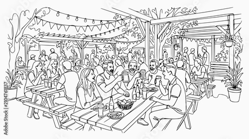 Outdoor Beer Garden Party: People Enjoying Drinks and Socializing Under String Lights