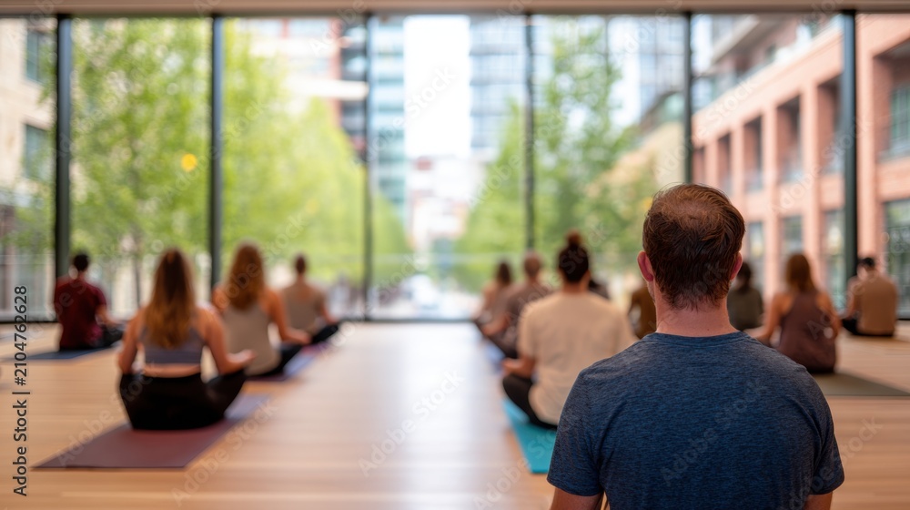Fototapeta premium Group of people practice yoga in a studio with large windows overlooking trees and buildings in the background
