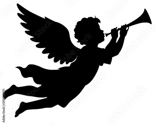 Fotografi Black silhouette of angel with wings blowing trumpet, symbolizing divinity, announcement, and celebration in bold vector art