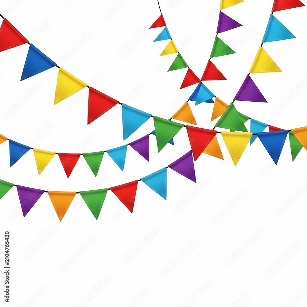 Fototapeta premium Vibrant Celebration Bunting: Festive Rainbow Flags on White Canvas