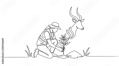 Foto Gardener planting seedling with antelope spirit in continuous line art style