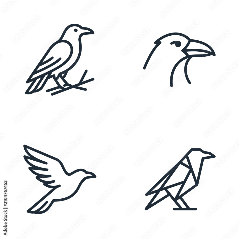 Naklejka premium Four Different Bird Line Drawings.