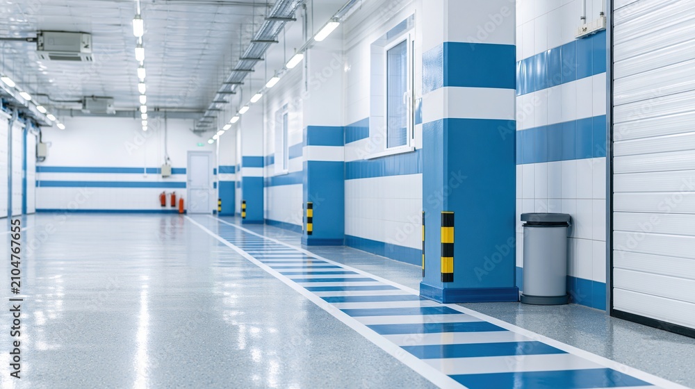 Obraz premium Clean and Modern Industrial Warehouse Interior with Blue and White Striped Columns and Polished Concrete Floor