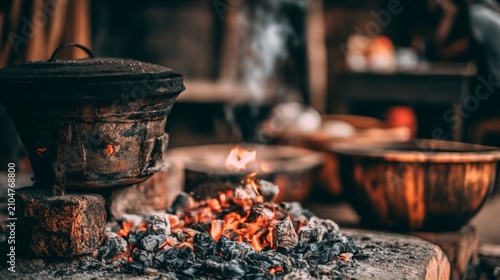 Traditional Cooking Scene with Wood Fire and Clay Pot in Rustic Kitchen Environment Capturing Authentic Culinary Process and Warm Atmosphere